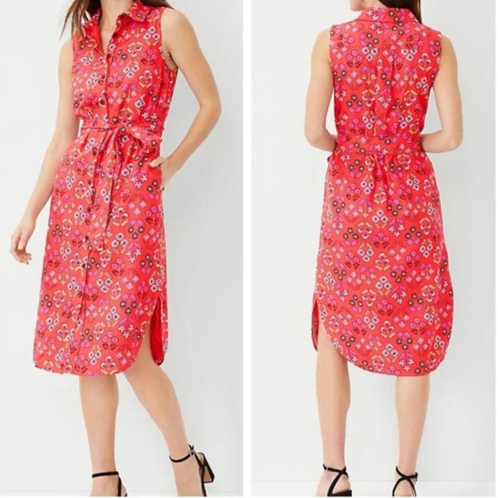 Ann Taylor • Red Floral Linen Shirt Dress • 8